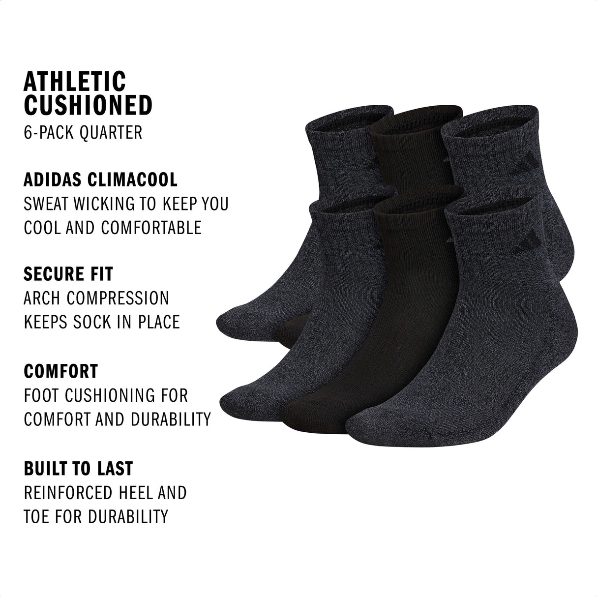 adidas Men's Athletic Cushioned 6-Pack Quarter Sock-2
