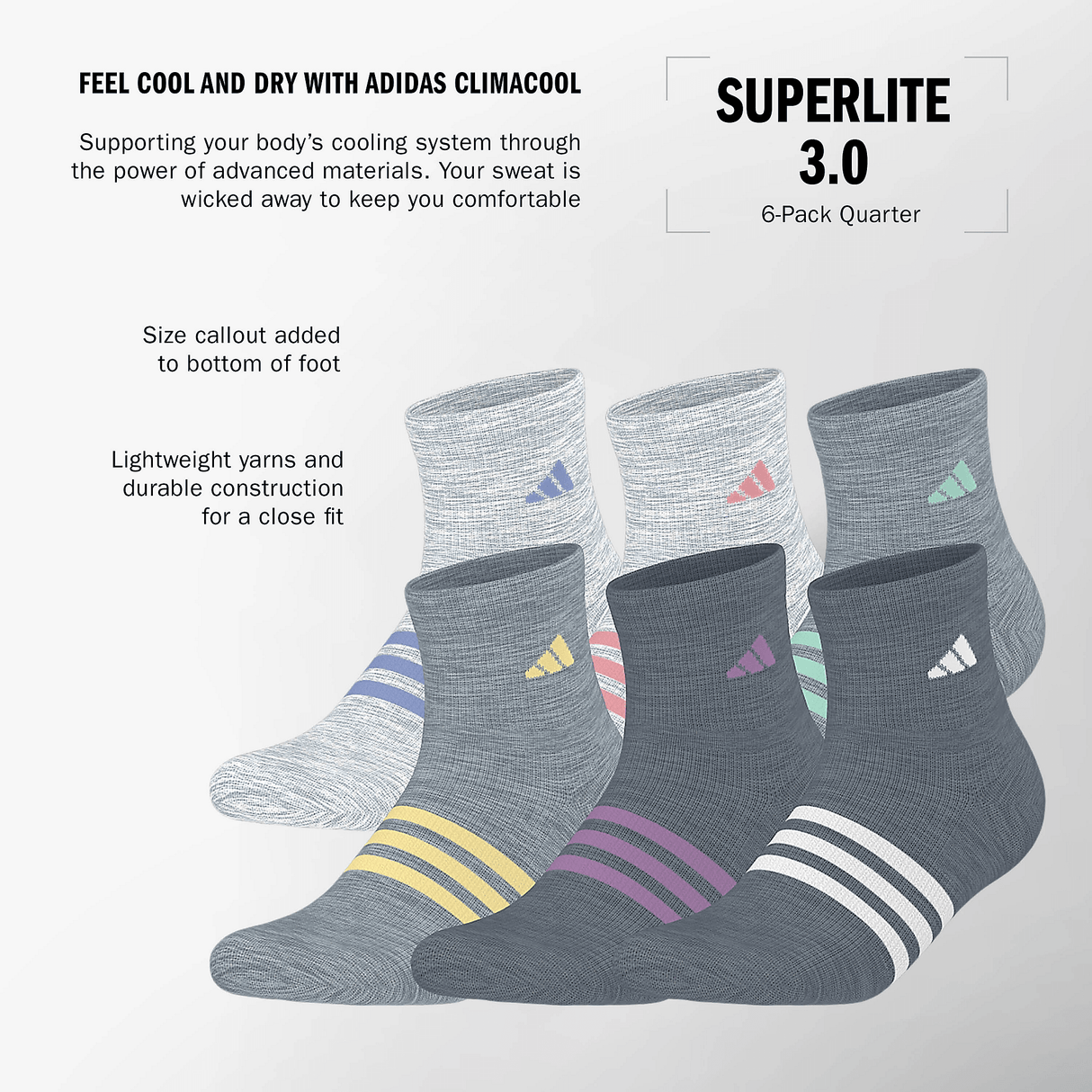 adidas Girl's Superlite 3.0 6-Pack Quarter Sock-2
