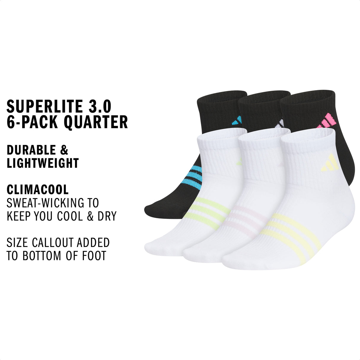 adidas Girl's Superlite 3.0 6-Pack Quarter Sock-2