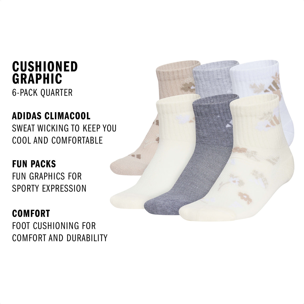 adidas Girl's Cushioned Graphic 6-Pack Quarter Sock-2