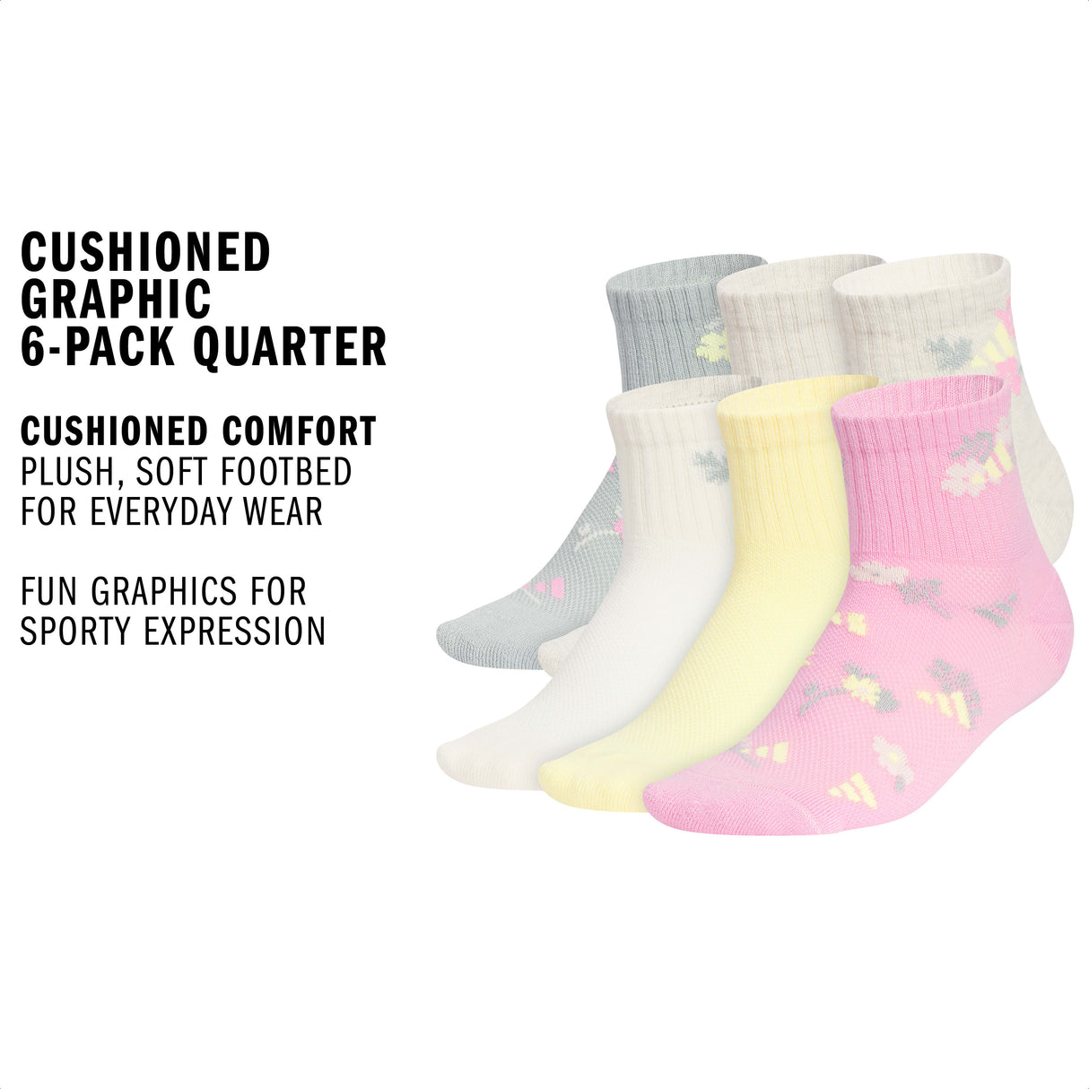adidas Girl's Cushioned Graphic 6-Pack Quarter Sock-2