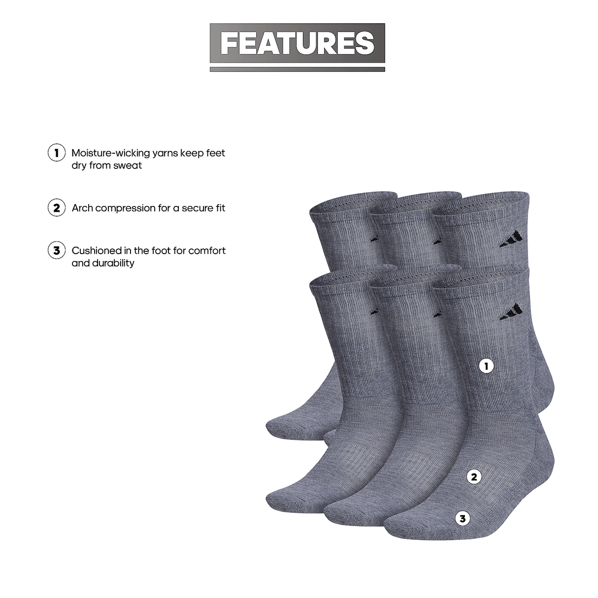 adidas Men's Athletic Cushioned 6-Pack Crew Sock-2