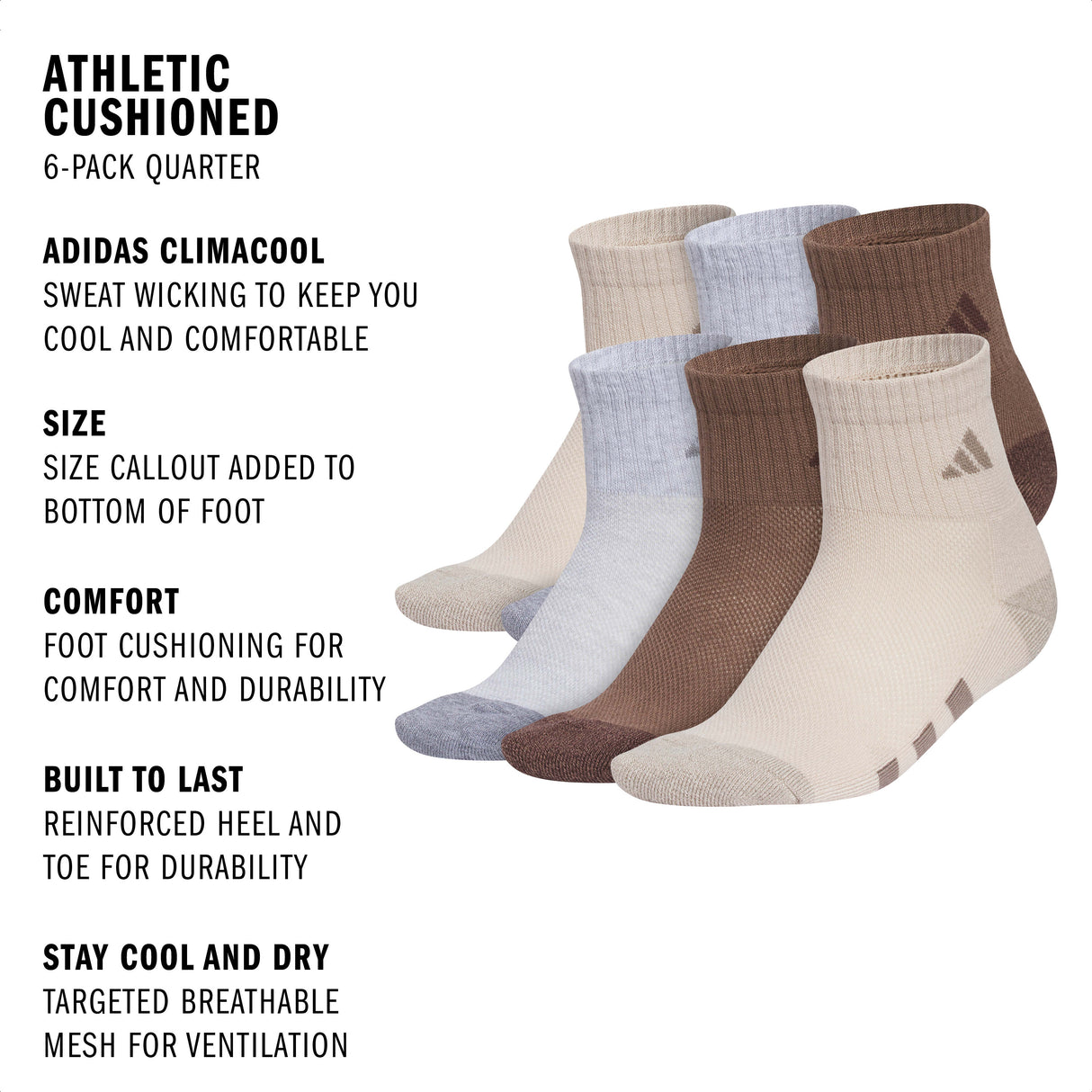 adidas Youth Athletic Cushioned 6-Pack Quarter Sock-2