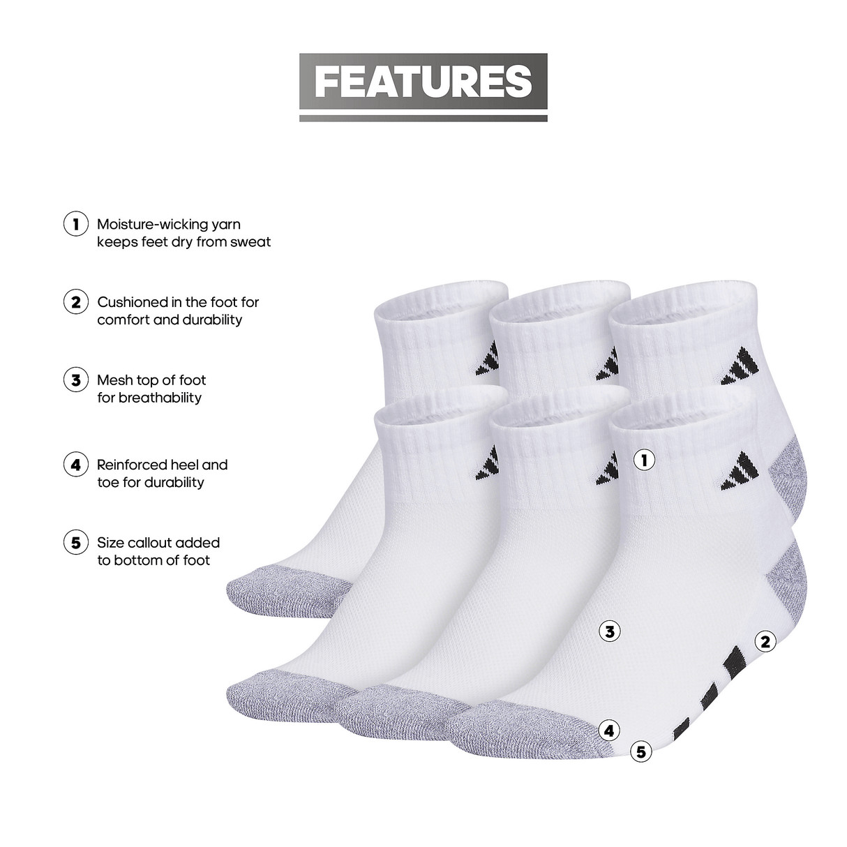 adidas Youth Athletic Cushioned 6-Pack Quarter Sock-2