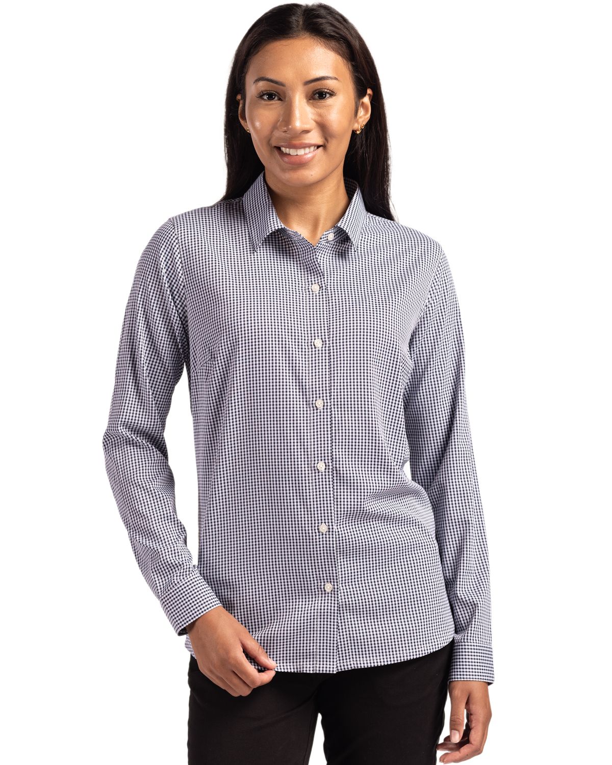 Cutter & Buck Women's Skyline Recycled Gingham Long Sleeve Spread Collar Dress Shirt-1