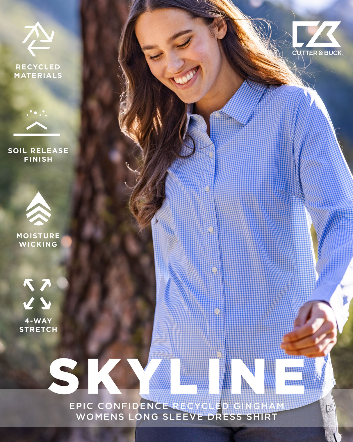 Cutter & Buck Women's Skyline Recycled Gingham Long Sleeve Spread Collar Dress Shirt-3