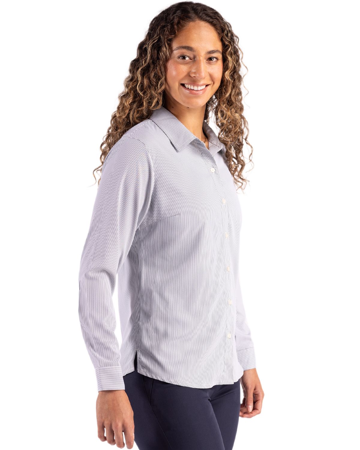 Cutter & Buck Women's Skyline Recycled Pinstripe Long Sleeve Spread Collar Dress Shirt-8