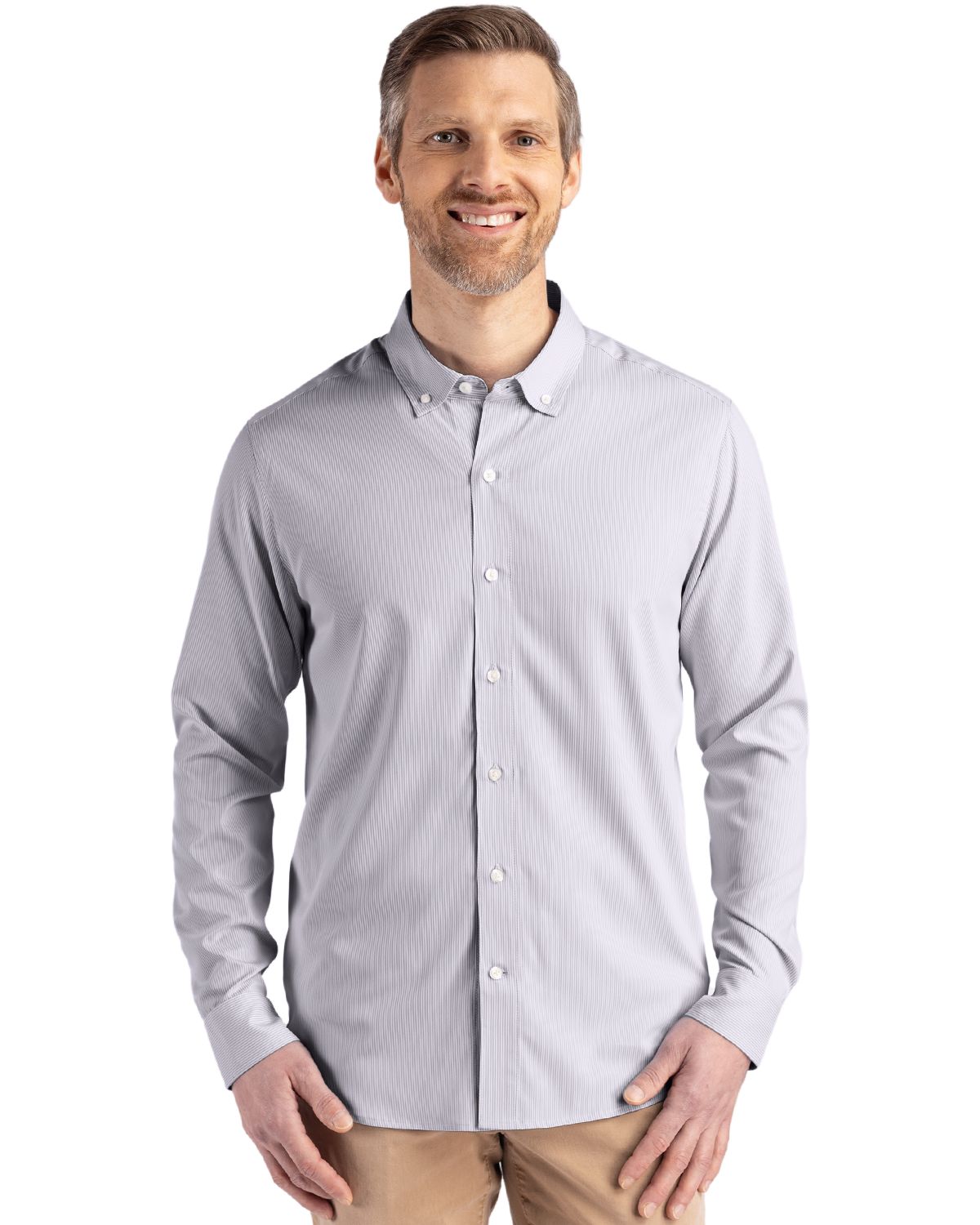 Cutter & Buck Men's Skyline Recycled Pinstripe Long Sleeve Button Down Dress Shirt-4