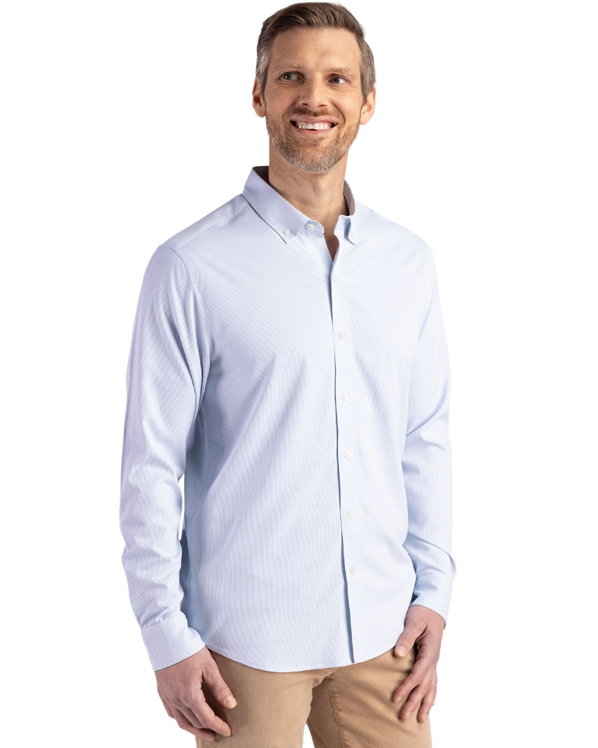 Cutter & Buck Men's Skyline Recycled Pinstripe Long Sleeve Button Down Dress Shirt-8