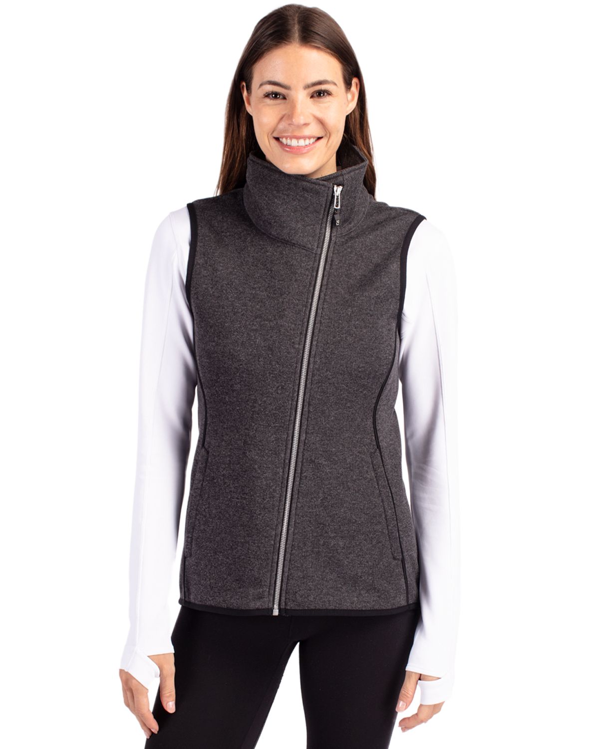 Cutter & Buck Women's Mainsail Sweater-Knit Full Zip Asymmetrical Vest-1
