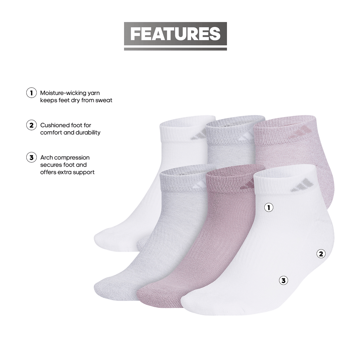 adidas Women's Athletic Cushioned 6-Pack Low Cut Sock-2