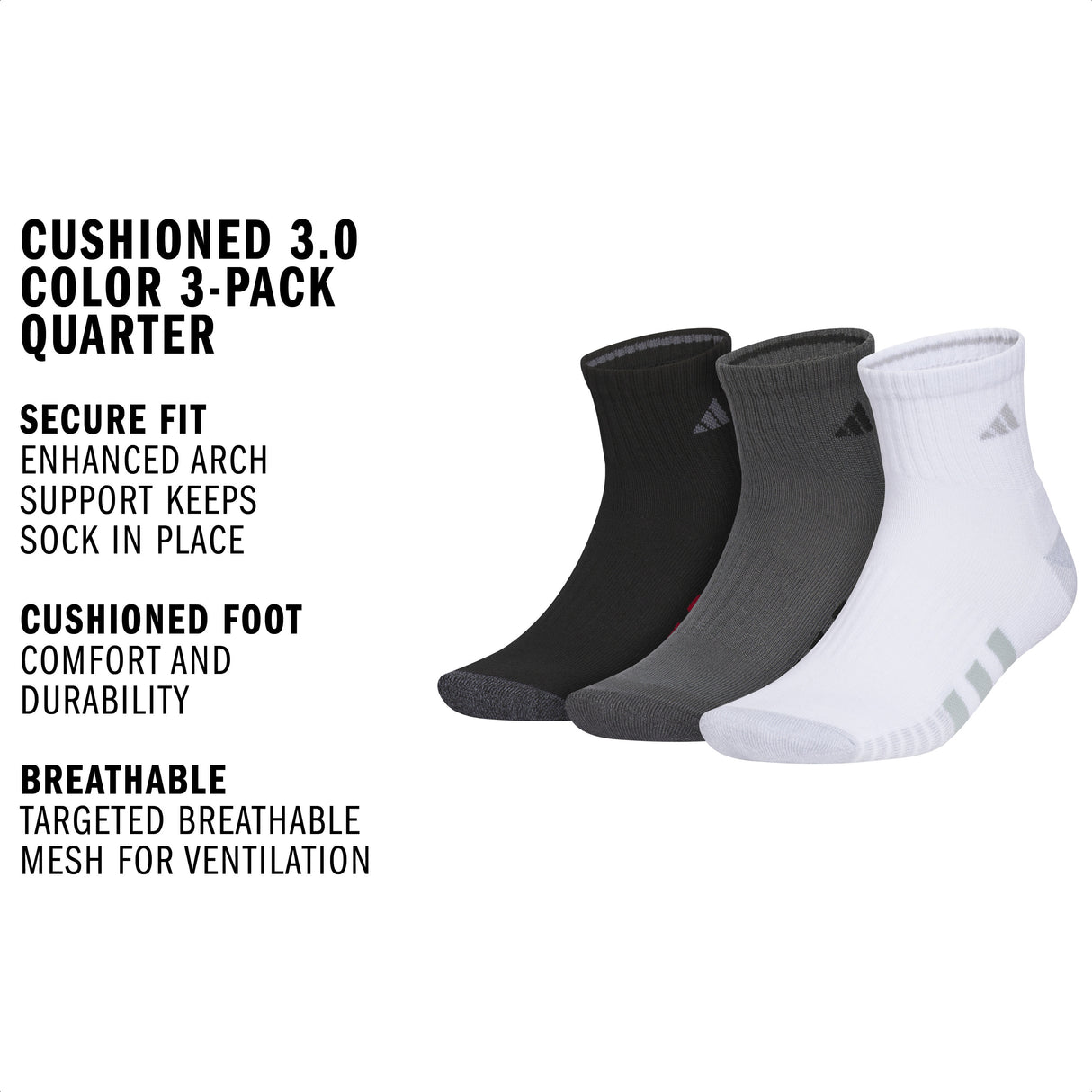 adidas Men's Cushioned 3.0 Color 3-Pack Quarter Sock-2