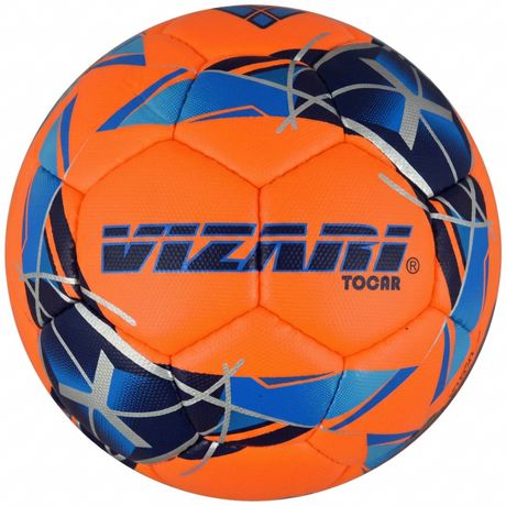 Vizari Tocara bright orange futsal ball with blue geometric patterns and textured hand stitched panels