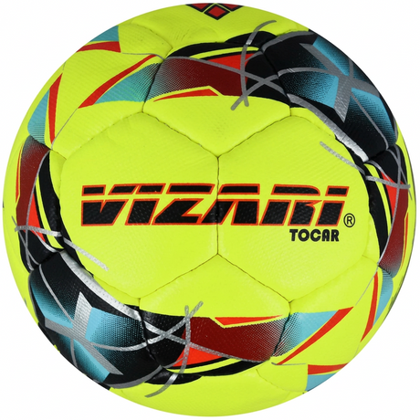 Vizari Tocara premium bright colour futsal ball in neon yellow with bold blue and red graphic patterns and hand stitched panels
