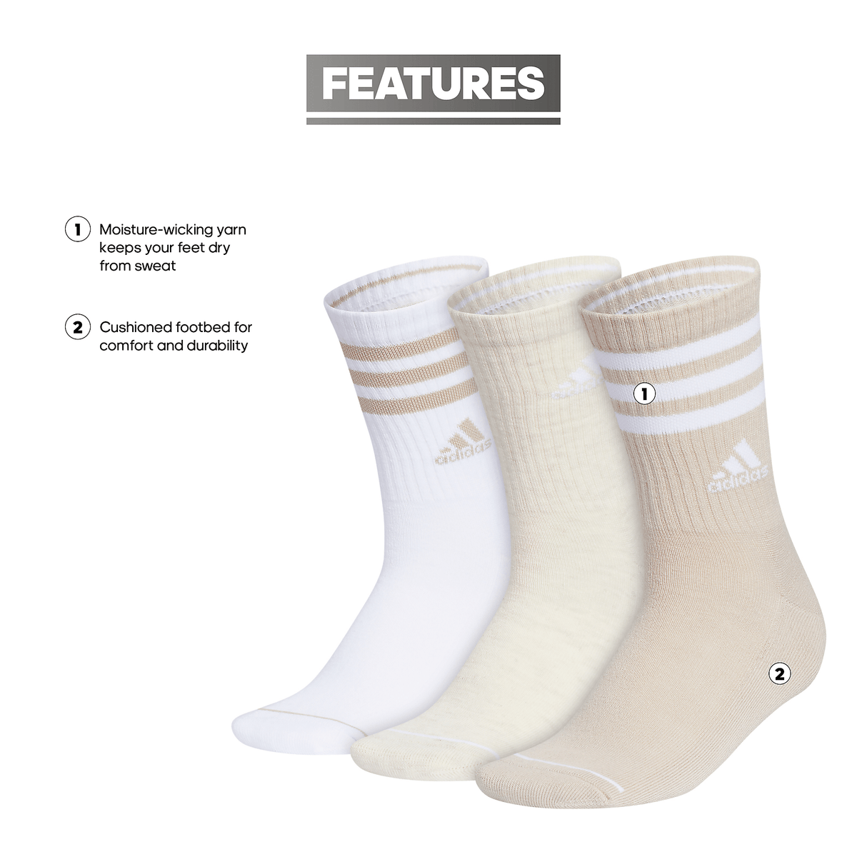 adidas Women's Cushioned 3-Stripe 3.0 3-Pack Crew Sock-2