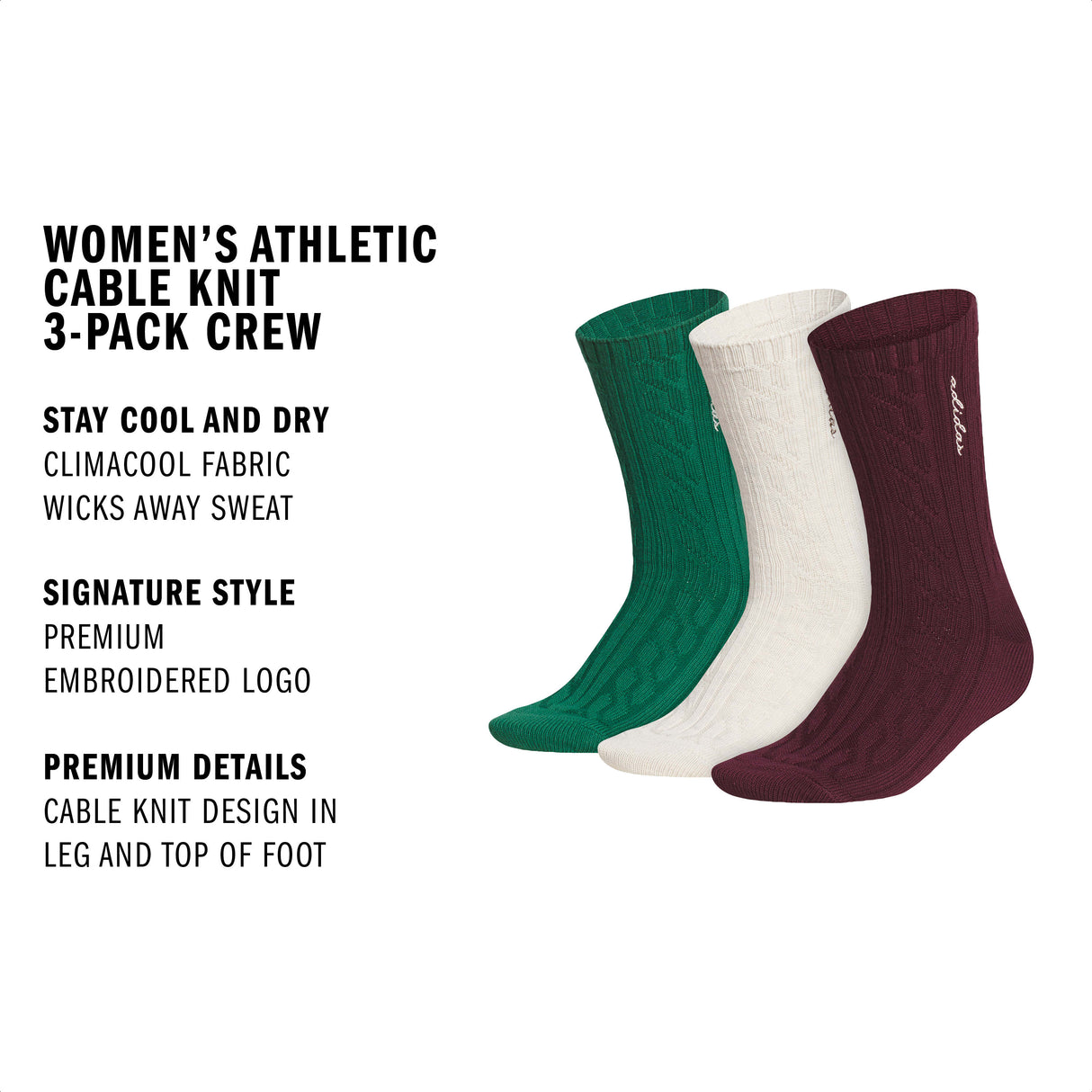 adidas Women's Athletic Cable Knit 3-Pack Crew-2