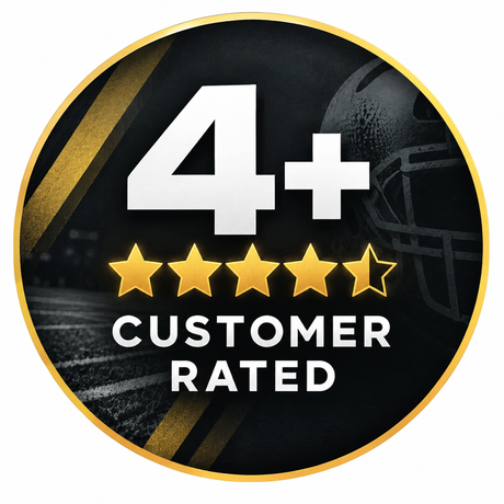 A circular badge with a gold border, featuring a black and dark gray football helmet background, large white '4+' text, five gold stars, and the words 'CUSTOMER RATED' in white.