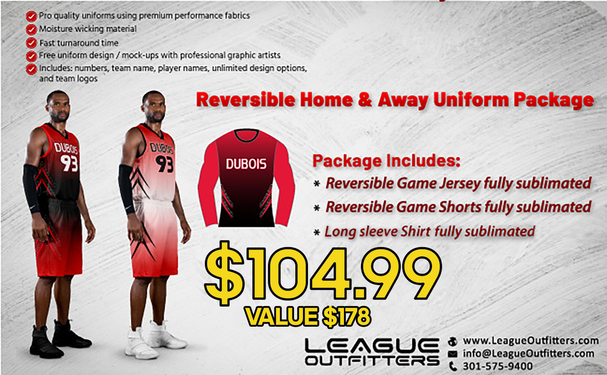 Free Throw Elite Basketball Uniform Package – Fully Sublimated Reversible Home & Away Jersey & Shorts