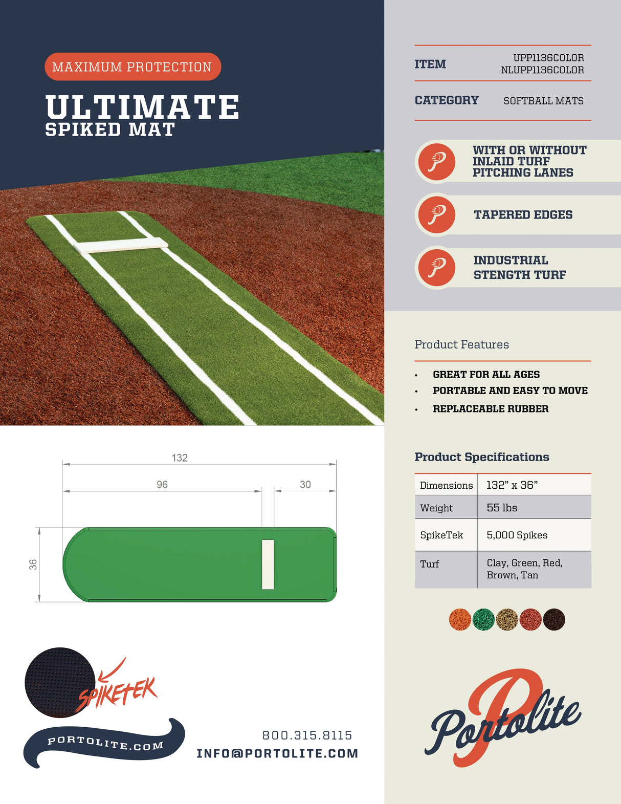 Portolite Baseball Ultimate Spiked Softball Practice Mat No Lines-3