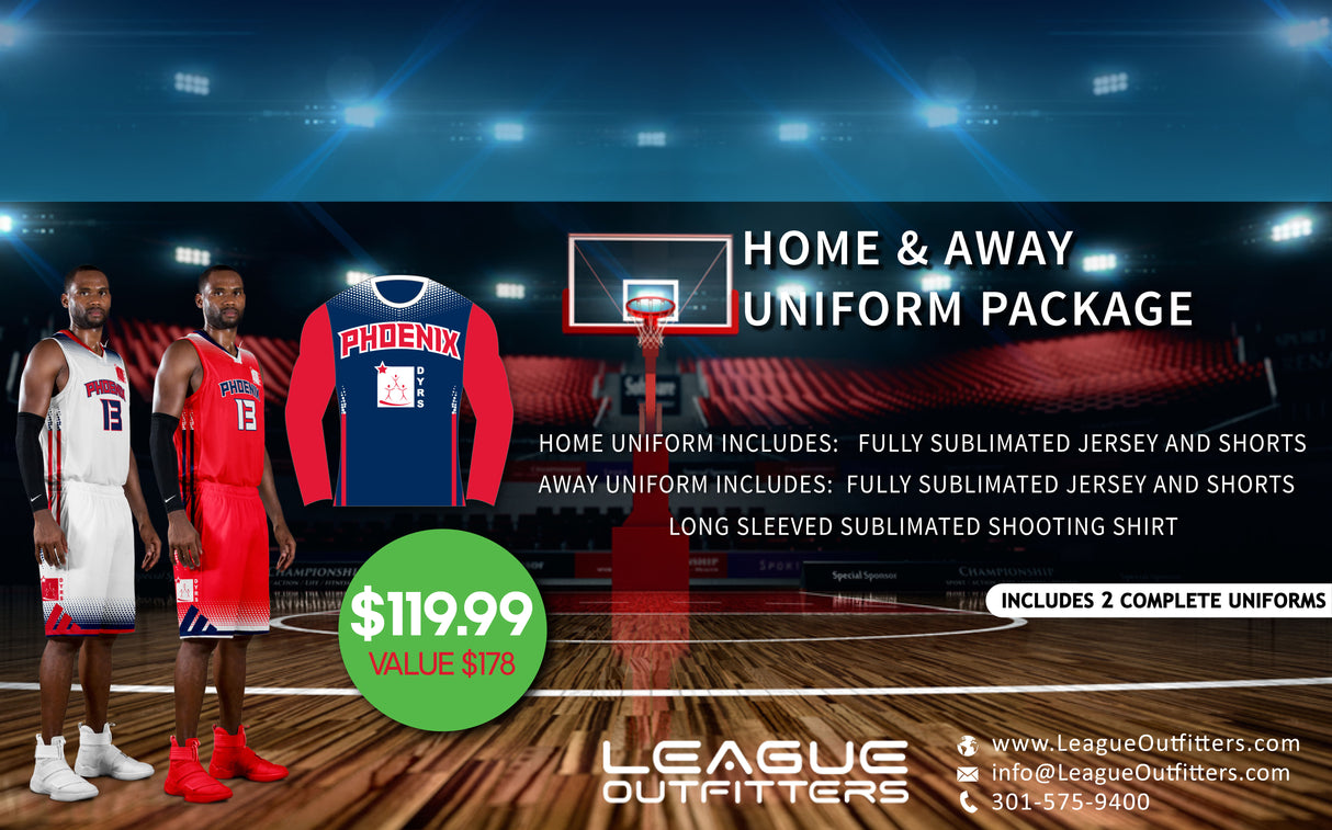 Three Point Elite Basketball Uniform Package – Fully Sublimated Reversible Home & Away Jersey & Shorts
