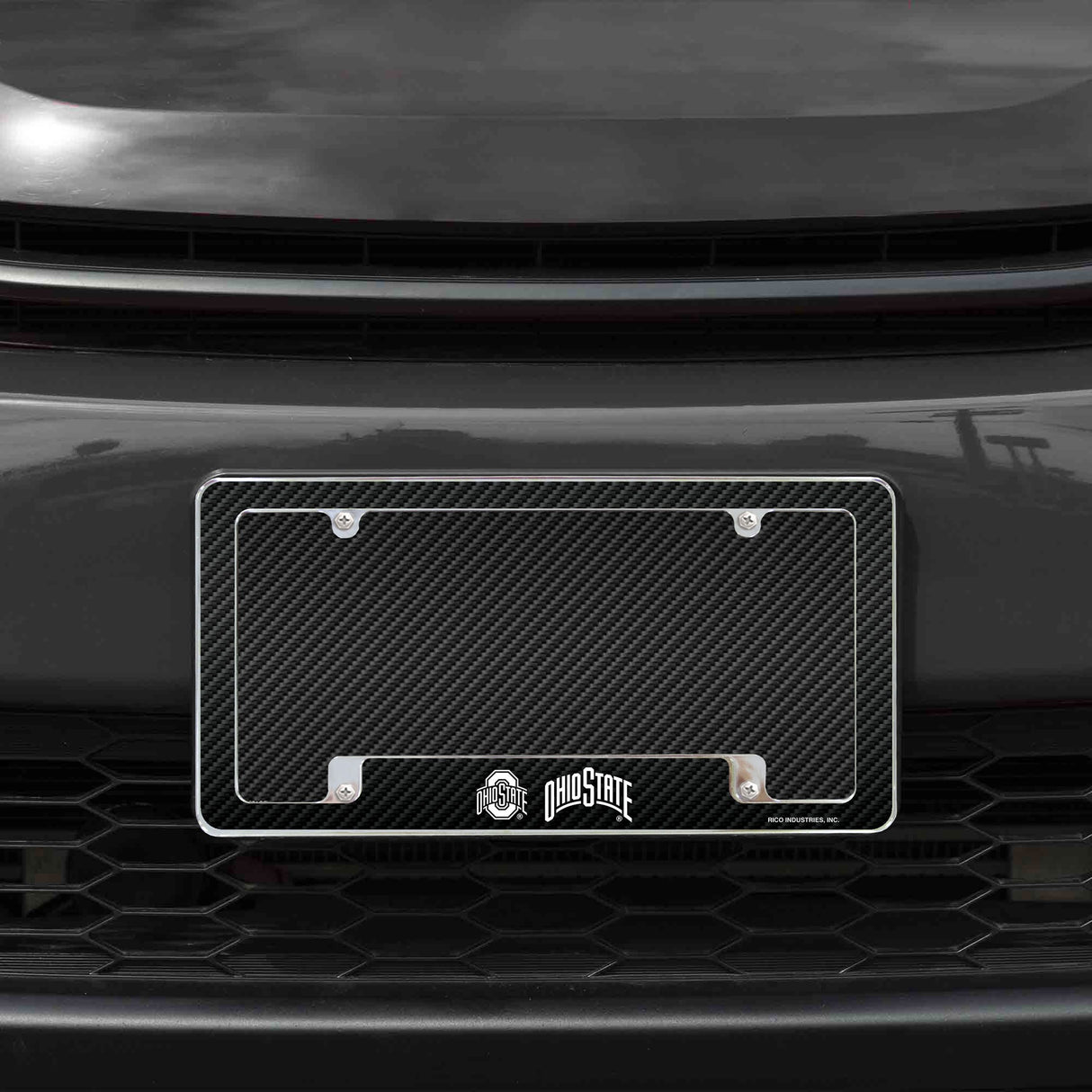 Rico Industries NCAA Ohio State Buckeyes Carbon Fiber 12" x 6" Chrome License Plate Frame-1