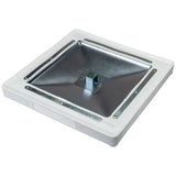 Close up of white molded three base set base featuring central square post and mounting hardware
