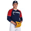 Champro Youth Square Up V-Neck Baseball Jersey navy with red sleeves on a model