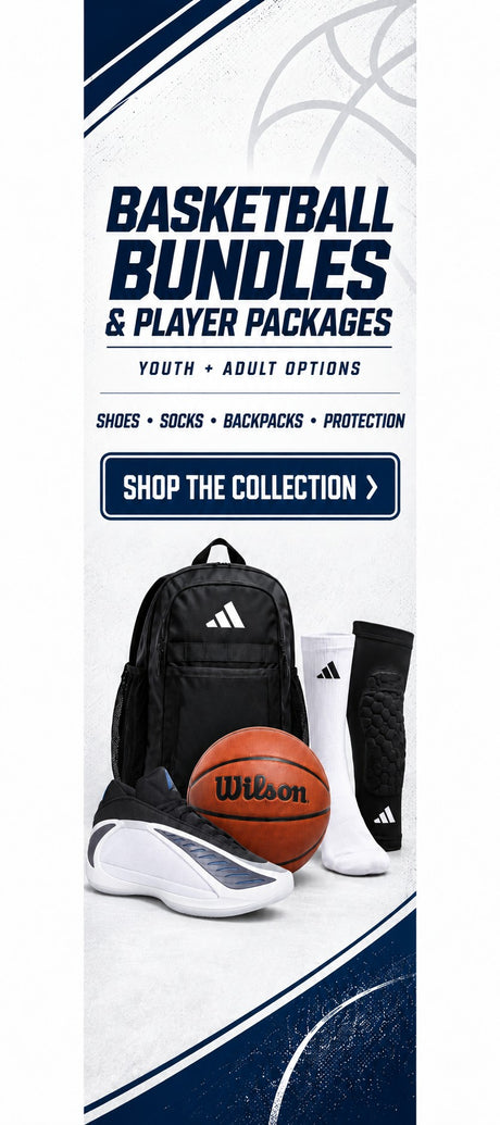 Promotional banner for basketball bundles and player packages, featuring a black Adidas backpack, white Adidas socks, a Wilson basketball, and white Adidas sneakers on a white and navy graphic background with text reading 'BASKETBALL BUNDLES & PLAYER PACKAGES' and 'SHOP THE COLLECTION'.