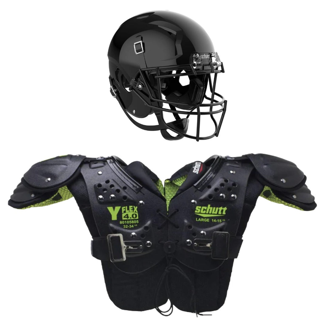 Schutt Youth Football Bundle with a glossy black helmet and neon green shoulder pads