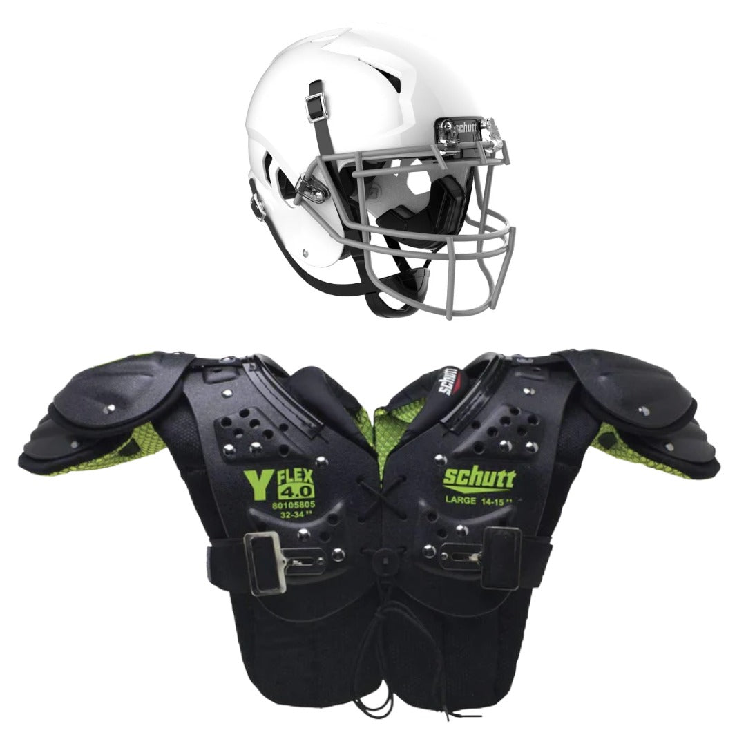 Schutt Youth Football Bundle featuring a white helmet and black protective shoulder pads