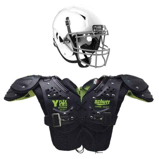 Schutt Youth Football Bundle featuring a white helmet and black protective shoulder pads