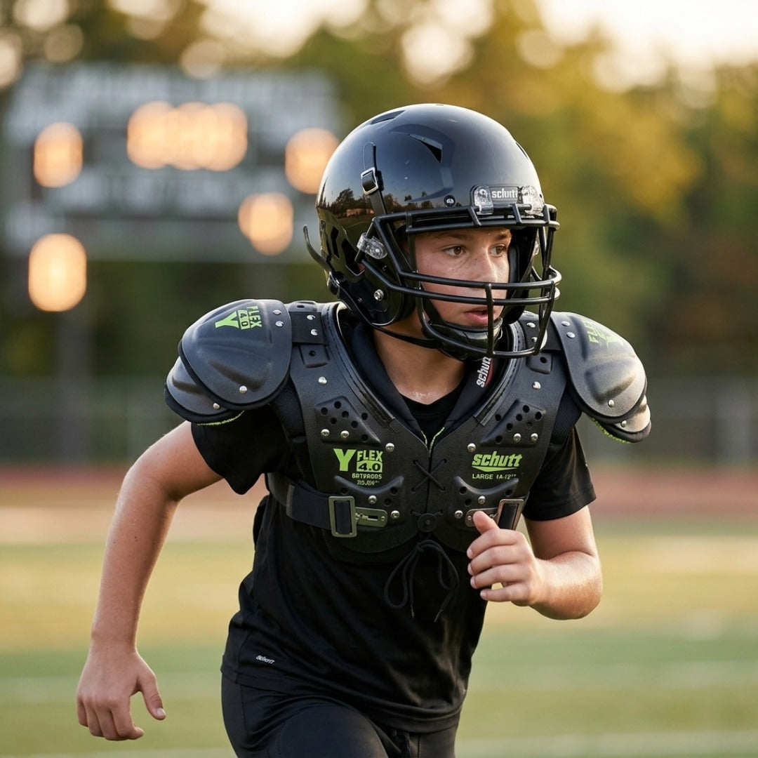 Youth football player wearing a Schutt helmet and shoulder pads on a grassy field during practice