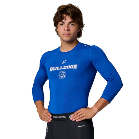 Blue Champro Lightning 2.0 compression shirt with Bulldogs logo on a male model