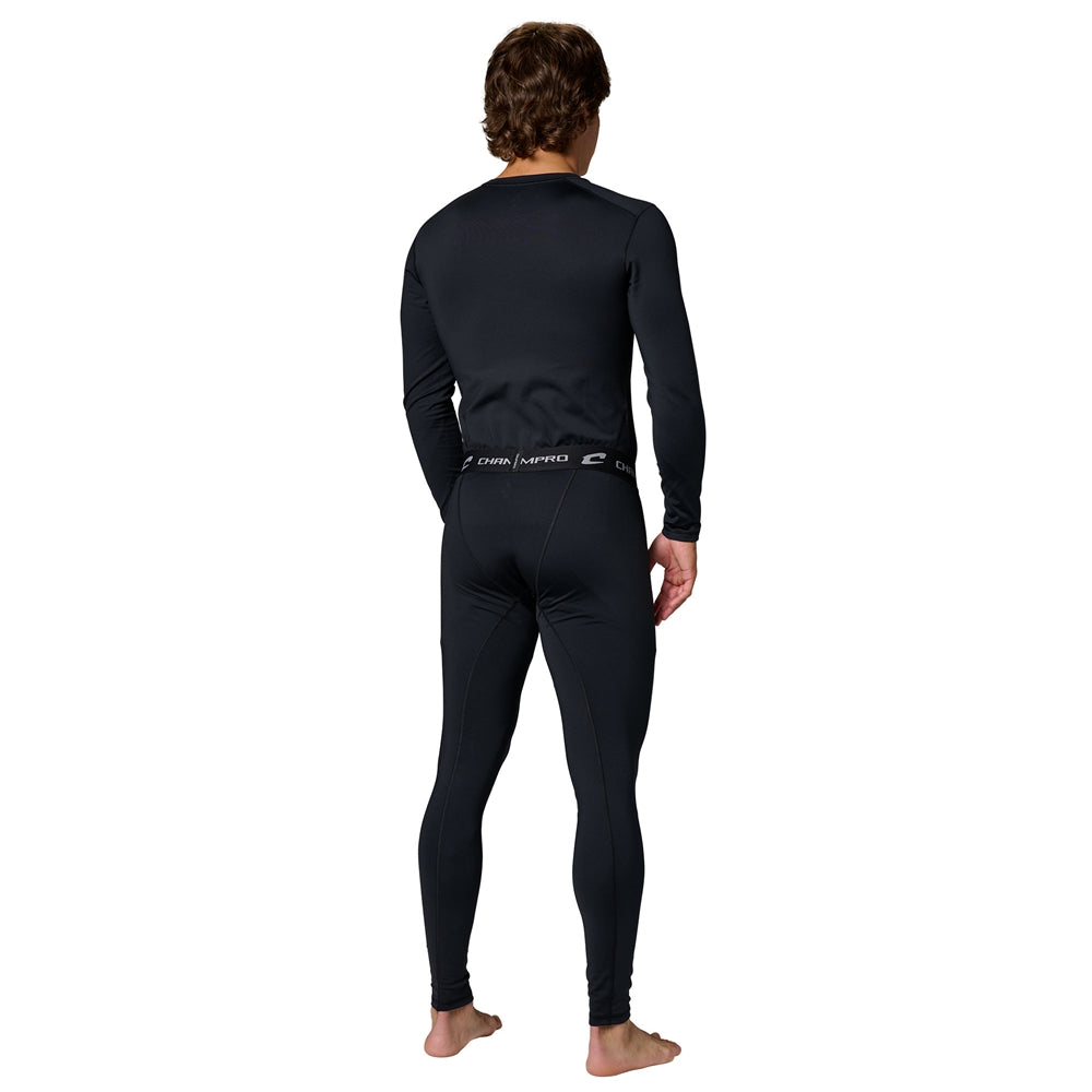 Back view of a young male model in black Champro Bears compression top and tights with a visible belt.