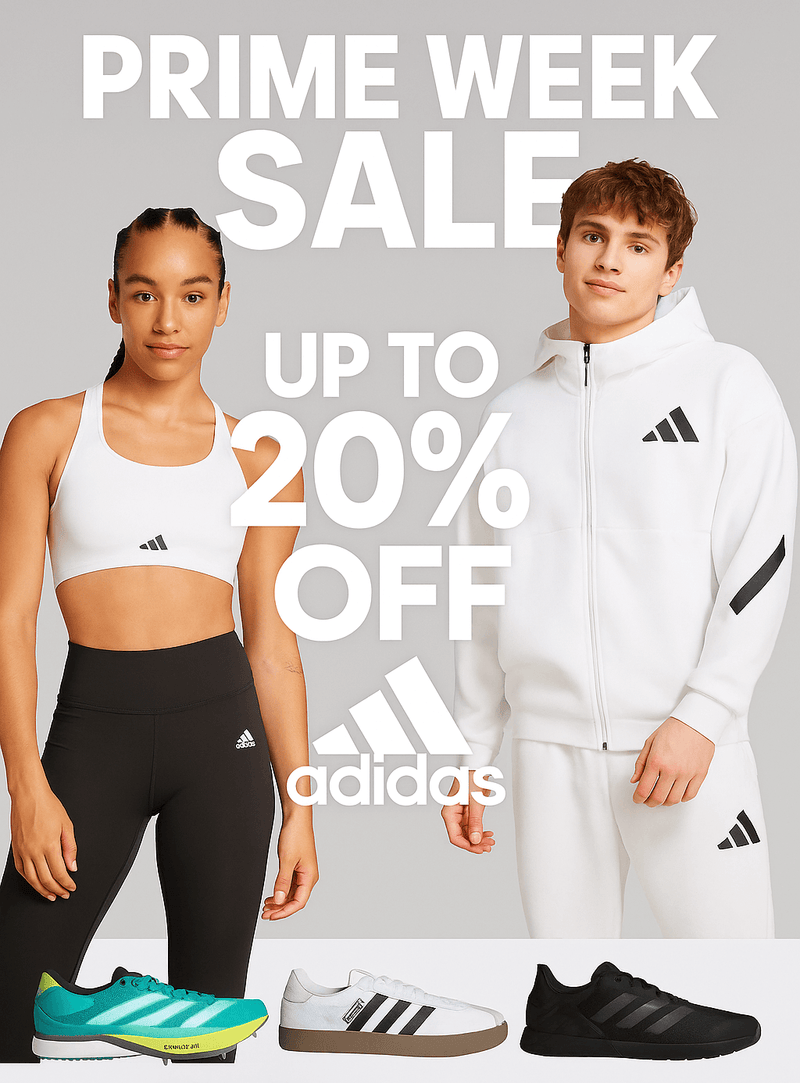 Two people wearing Adidas clothing with 'Prime Week Sale' text on a gray background