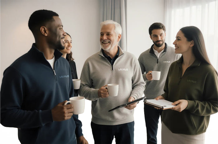 Group of people in branded jackets holding coffee cups and documents.