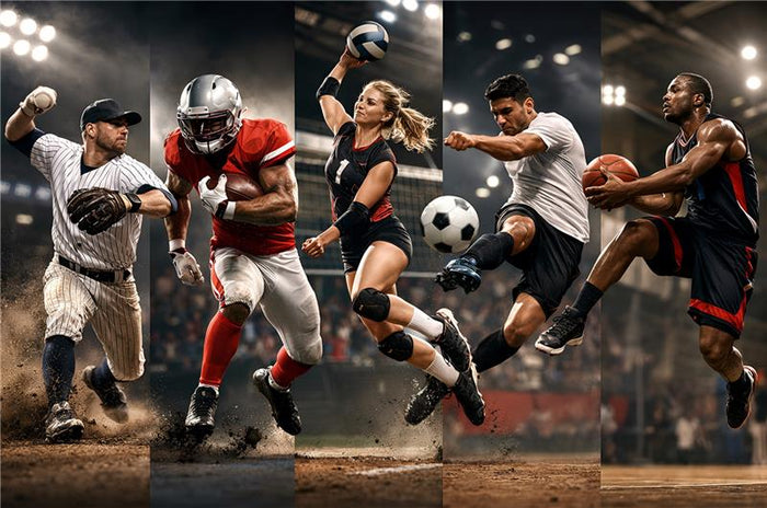 Collage of athletes playing different sports including baseball, football, soccer, and basketball.