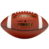 Full Champro Force football with white stripes and laces on brown pebble surface.