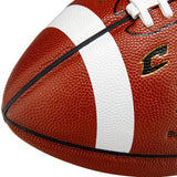 Close-up of Champro Force football showing textured surface, laces and white stripe.