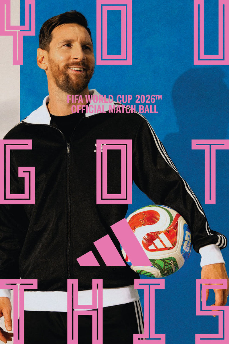 Person holding a soccer ball with 'FIFA World Cup 2026' text and Adidas logo on a blue background.