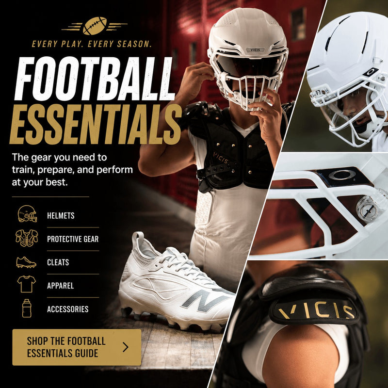 Promotional collage for football gear with the headline 'FOOTBALL ESSENTIALS' and text reading 'Every play. Every season.