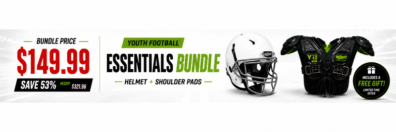 Youth football helmet and shoulder pads with bundle offer on a white background