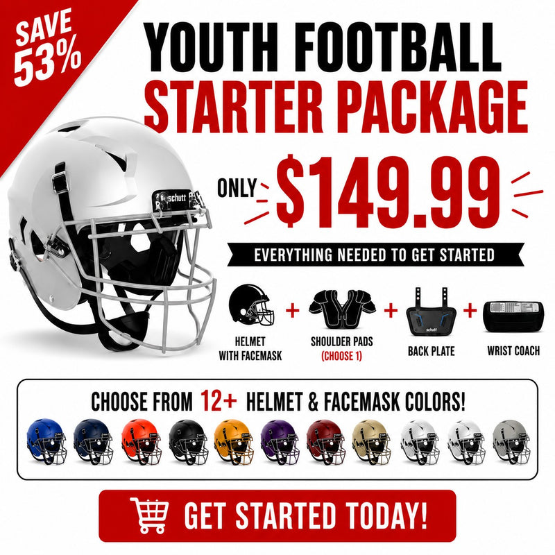 Youth football starter package advertisement with helmet and pricing details.