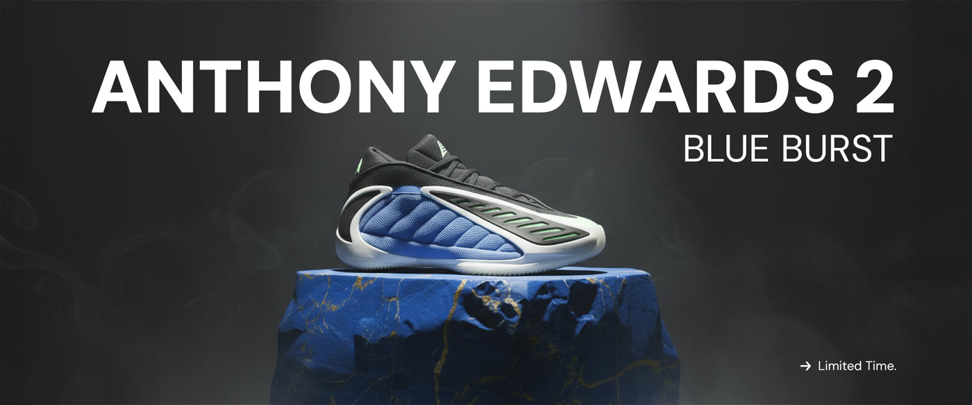 Blue athletic shoe on a dark background with 'Anthony Edwards 2 Blue Burst' text.