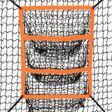 Orange framed five by five pop-up training net with black mesh.