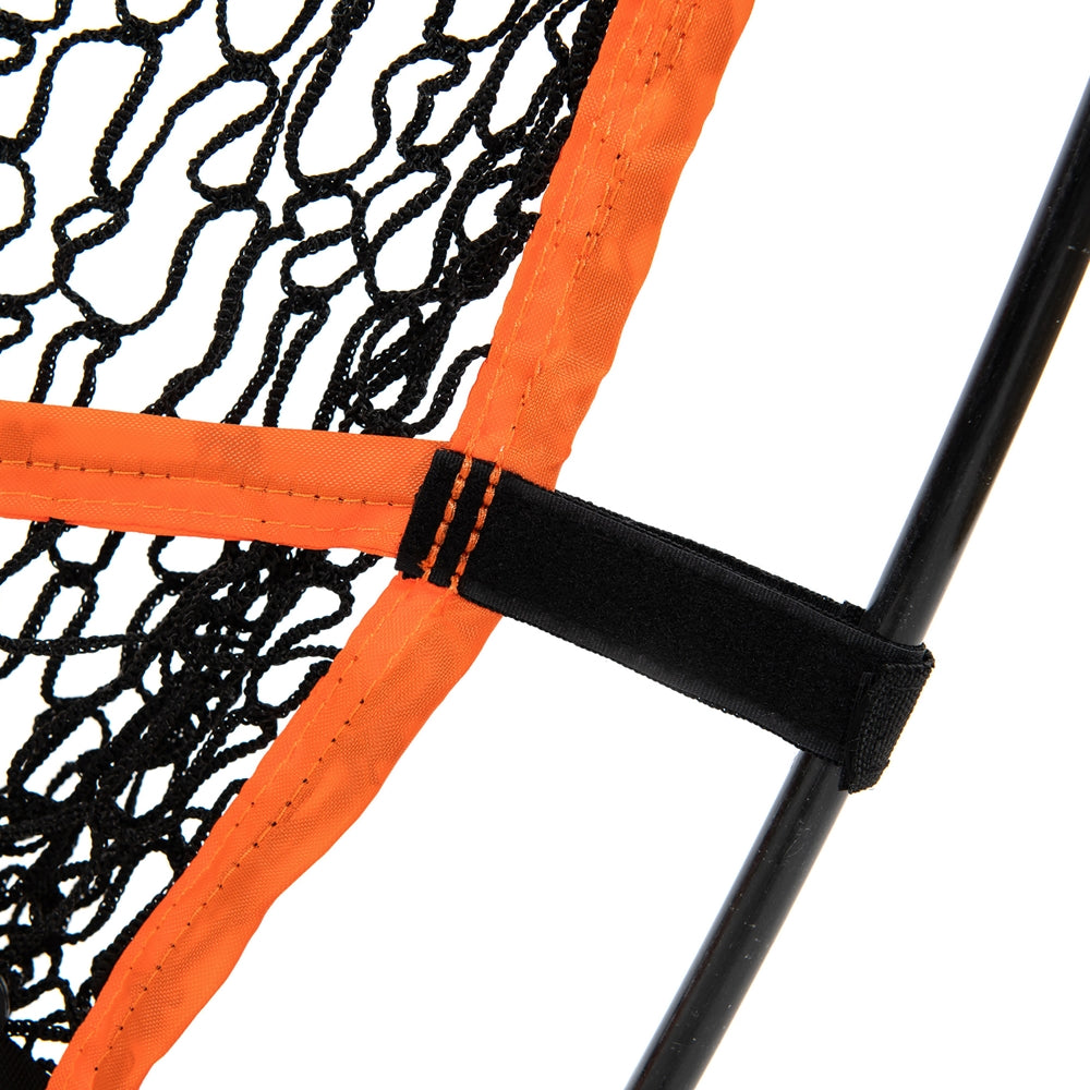 Close-up of the orange edge and black strap securing the net to the frame.