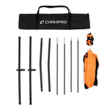 Disassembled Champro MVP 5x5 pop up net kit laid out with a black carrying bag and orange accessories