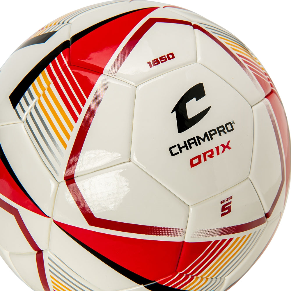 Champro Orix soccer ball close up with red accents and multicolor stripe graphics