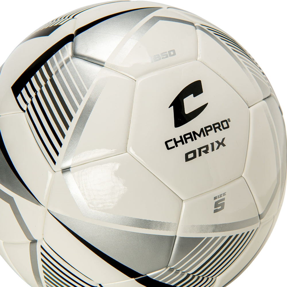 Champro Orix soccer ball close up white panel design with silver gray graphics