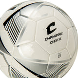 Champro Orix soccer ball close up white panel design with silver gray graphics